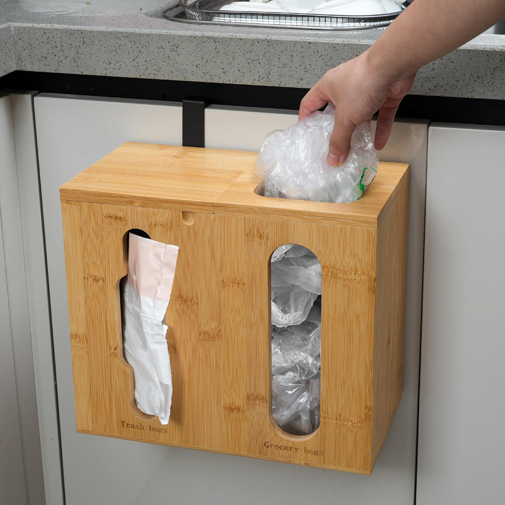 Bambition Trash Bag Dispenser & Grocery Bag Organizer, 2 in 1 Bamboo Garbage Bags Storage Box for Cabinet Door or Wall Mount