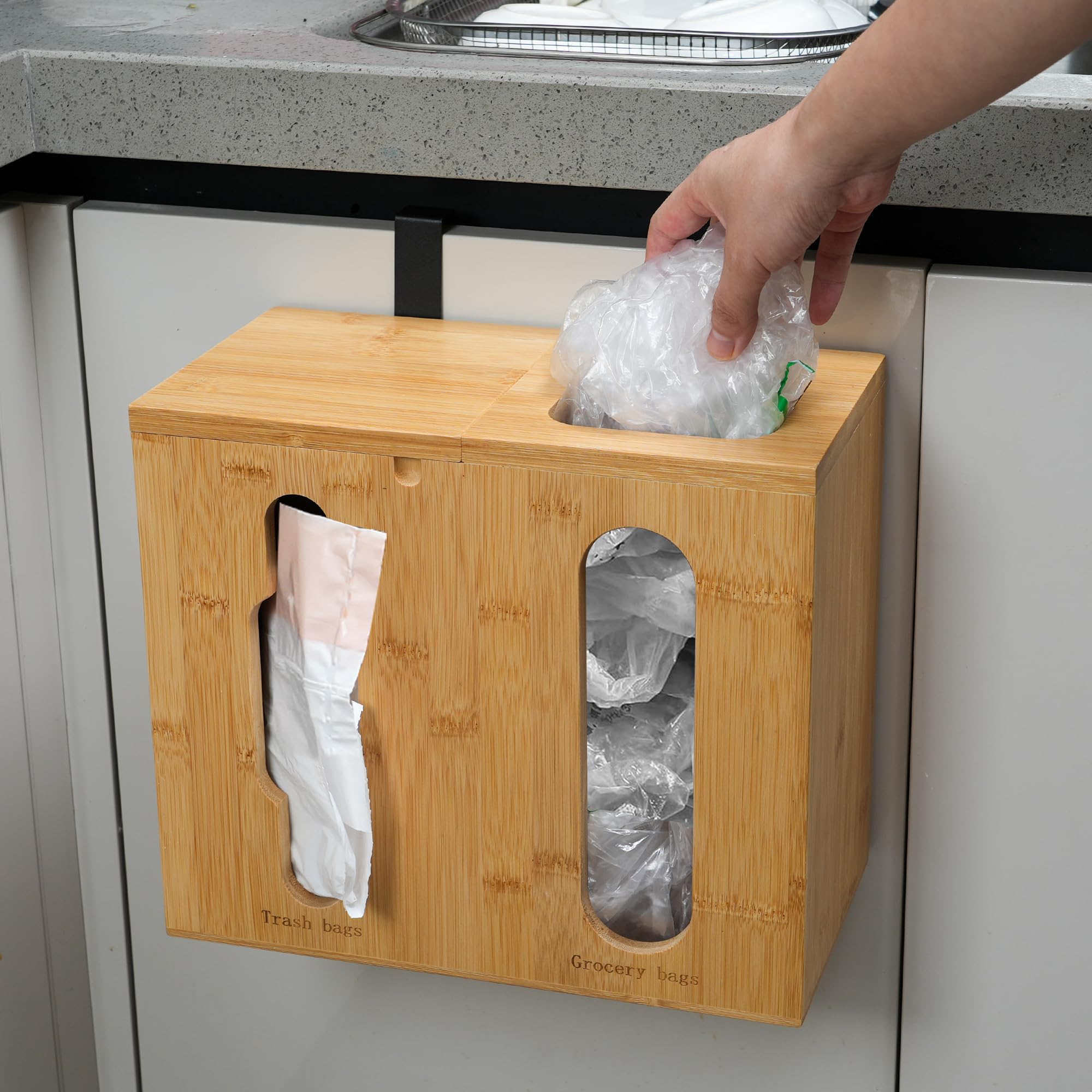 Bambition Trash Bag Dispenser & Grocery Bag Organizer, 2 in 1 Bamboo Garbage Bags Storage Box for Cabinet Door or Wall Mount