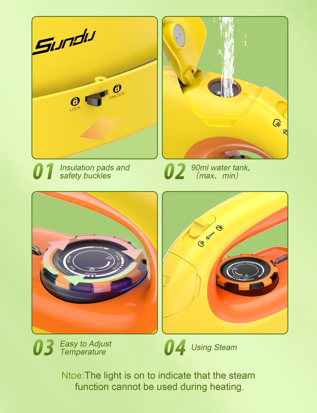 Sundu 1000W Mini Travel Steam Iron, Portable Small Iron for Quilting & Sewing, Non-Stick Soleplate, 300 Steam Holes, 90ml Tank, Safety Base & Digital Temperature Control-Yellow