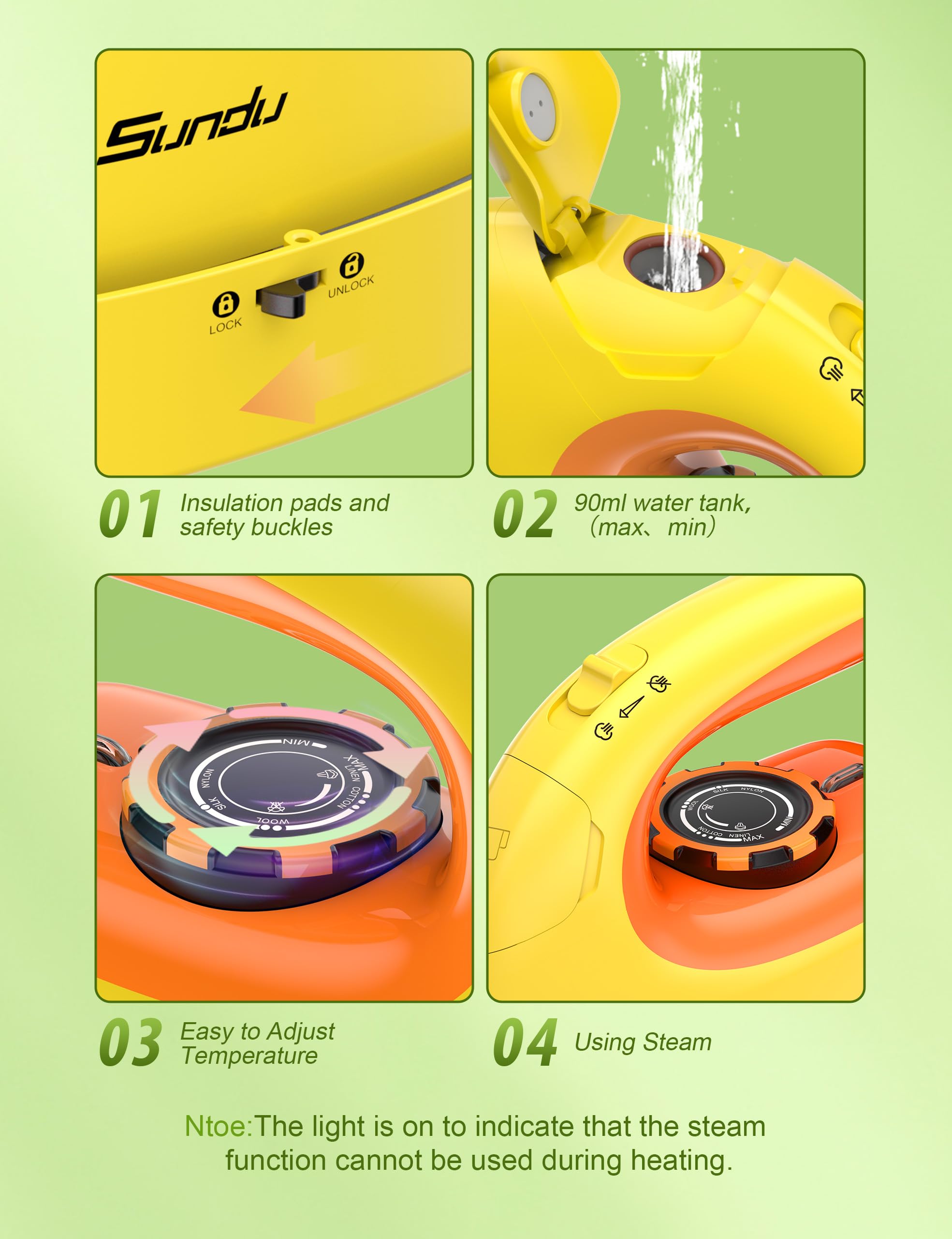 Sundu 1000W Mini Travel Steam Iron, Portable Small Iron for Quilting & Sewing, Non-Stick Soleplate, 300 Steam Holes, 90ml Tank, Safety Base & Digital Temperature Control-Yellow