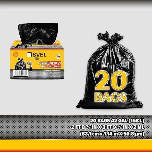 Heavy Duty Contractor Bags | 42 Gallon 2 Mil Thick Trash Bags for Construction & Outdoor Use (20 Count)