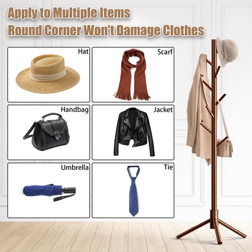 Aliphon Wooden Coat Rack Stand, Freestanding Coat Rack with 8 Hooks, 3 Adjustable Size Coat Tree for Hats, Coats, Scarves bags, Coat Hanger Stand Used in Bedroom/Office/Entryway （Brown）