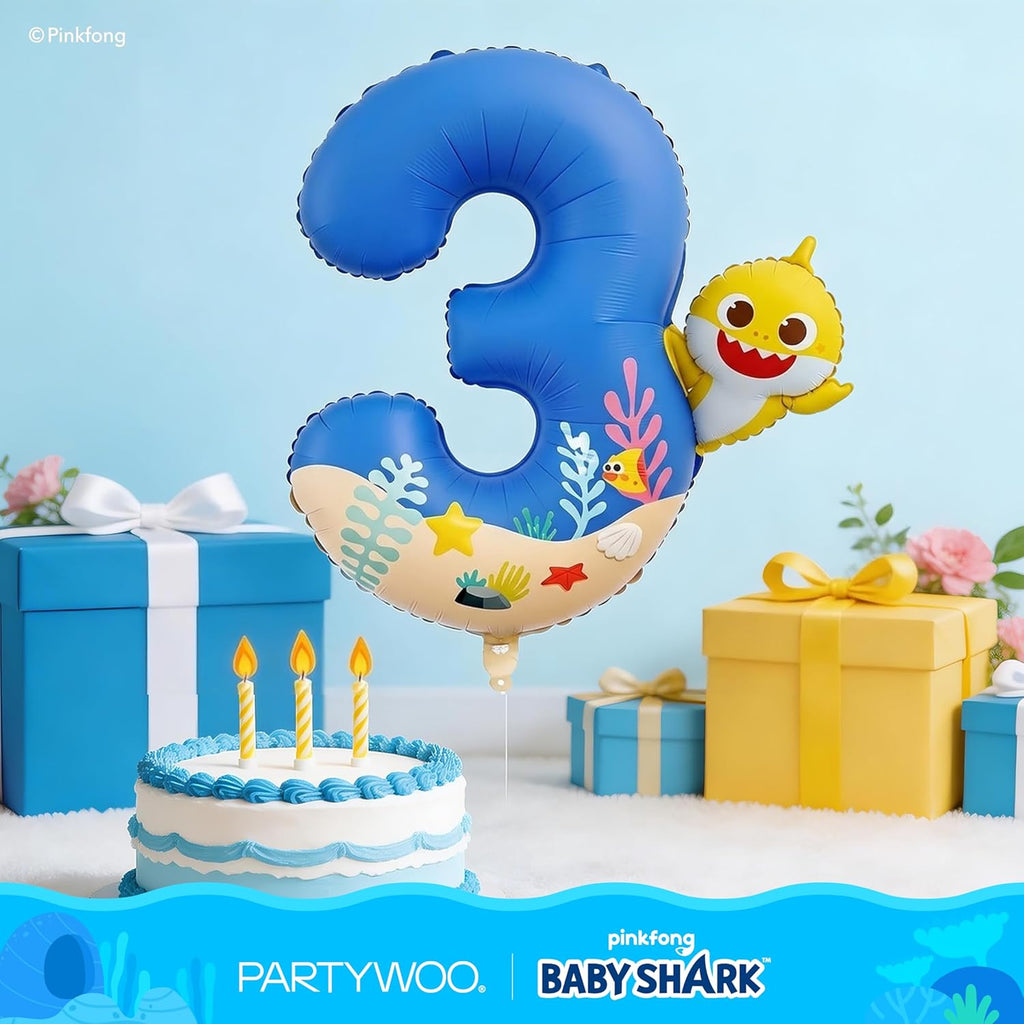 Baby Shark | PartyWoo 40-Inch Blue Foil Number 3 Balloon - Mylar Helium Birthday Decoration for Kids