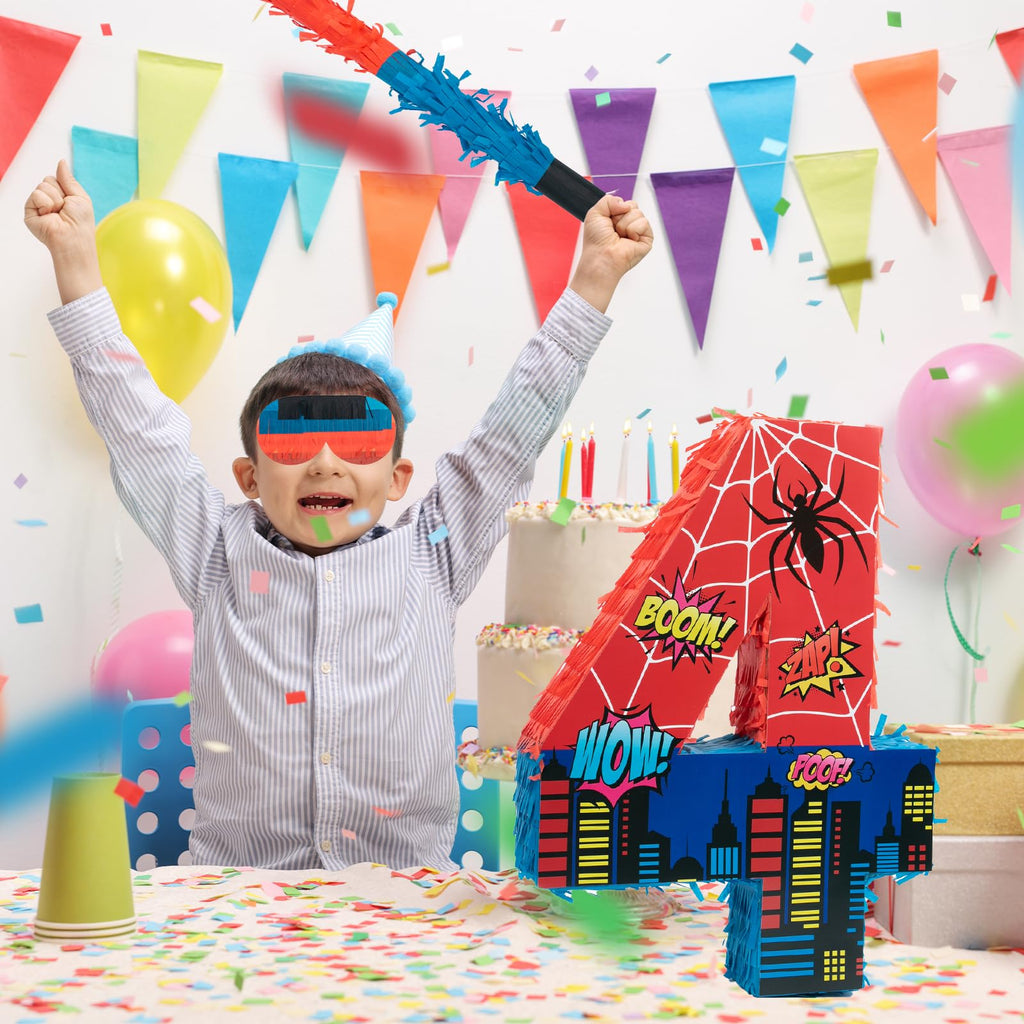 Number 4 Spider Pinata Bundle with 16 Inch Piñata Stick Blindfold Confetti for Hero Birthday Party Decoration Anniversary Celebration Gift Spider Party Favors for Kids, 16 x 11.6 x 2.4 Inch