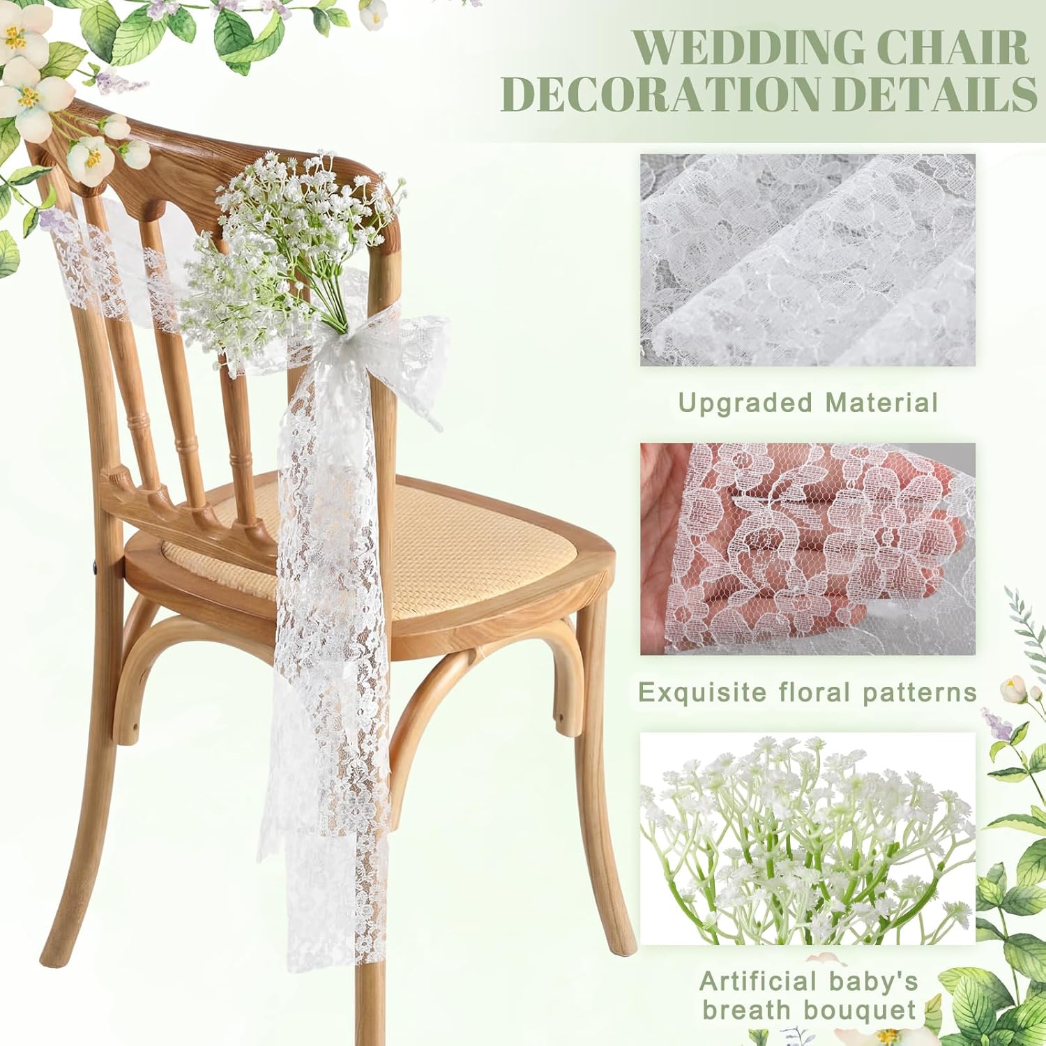 Moukeren White Lace Chair Sashes - 24 Sets with Artificial Baby's Breath | 8.2ft Wedding Aisle Decor