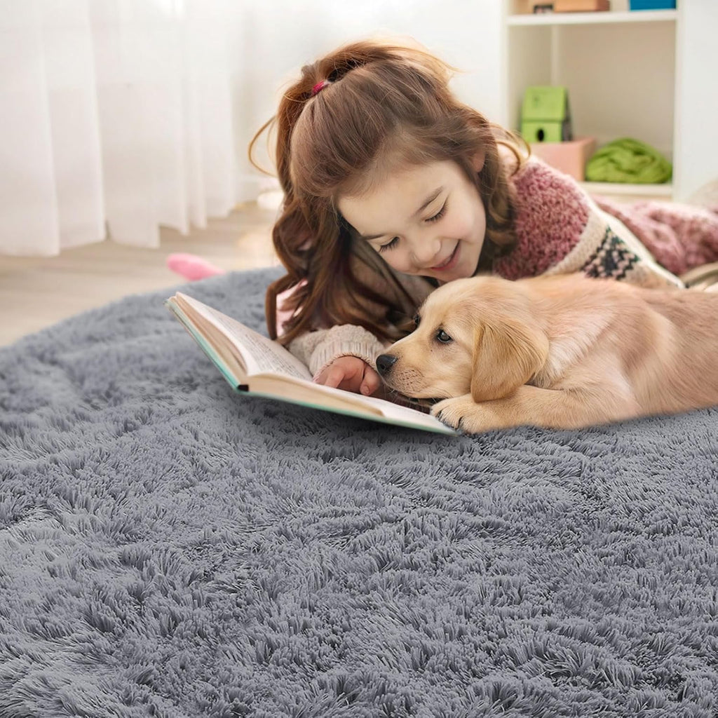 OLANLY Round Light Grey Area Rug - Soft, Fluffy, Machine Washable 6 ft Circle Carpet for Bedrooms & Nurseries