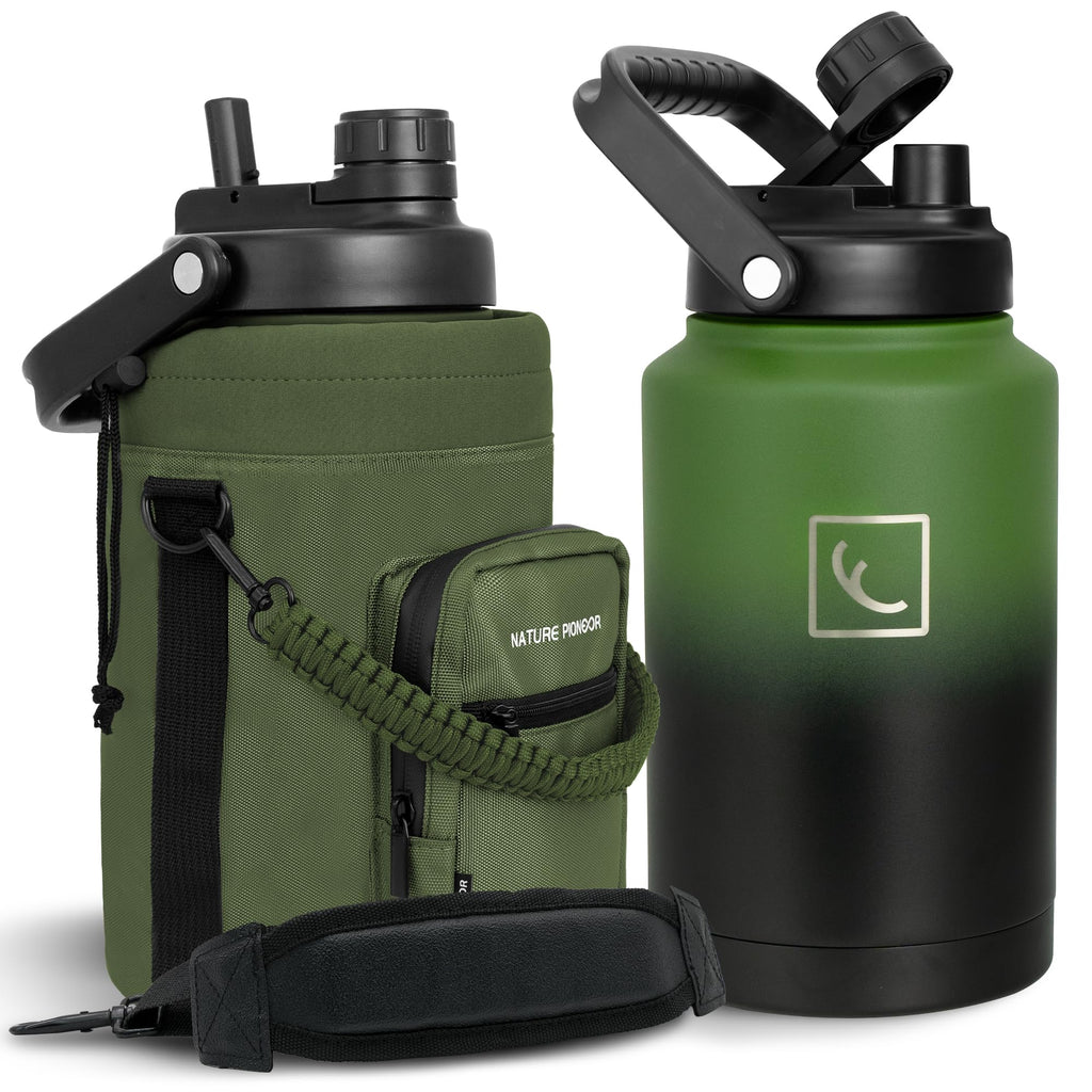 NATURE PIONEOR 1 Gallon Insulated Water Bottle - Double Vacuum Stainless Steel 128 oz Water Bottle with Holder, Wide Mouth & 2-in-1 Lid (Flip Straw & Spout), 1 Gallon Water Jug, Hiking, Camping, Gym