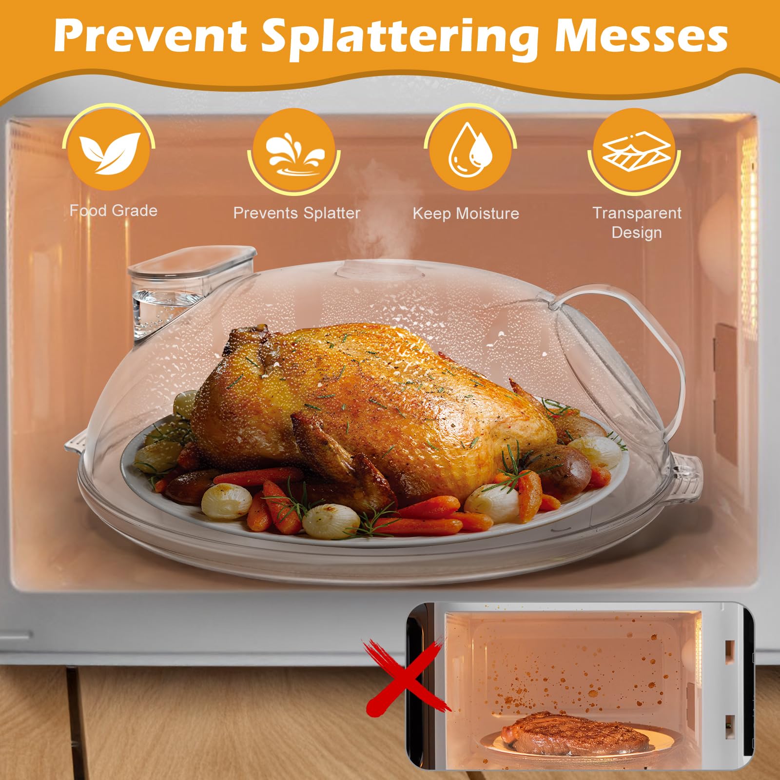 WENWELL Microwave Splatter Cover for Food with Water Steamer 12 inch Clear Kitchen Integrated Handle Splatter Guard Plate Covers Microwave Lid BPA-Free, Clear Safe Plastic