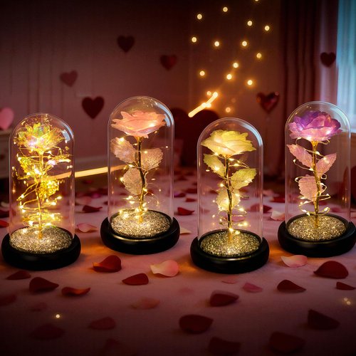 Valentines Day Rose Gifts for Her,Birthday Gifts for Women,Crystal Light Up Rose in A Glass Dome with Sparkling Base,Colorful Flowers Mothers Day Rose Gifts for Mom Wife Grandma Anniversary Christmas