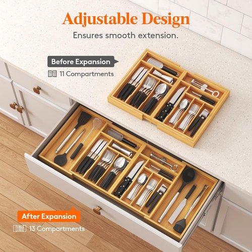 Lifewit Expandable Bamboo Silverware Drawer Organizer - Adjustable Utensil Tray for Kitchen | 21.4 to 36 Inches Wide, 13 Compartments