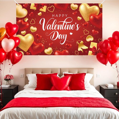 Happy Valentine's Day Backdrop Banner Decorations, Red and Gold Heart Romantic Love Happy Valentine's Day Signs Red Gold Background Valentines Day Anniversary Party Romantic Decor