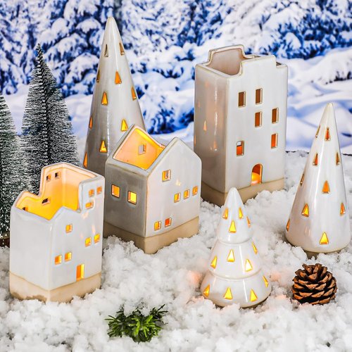 Beeveer Christmas Ceramic Buildings Decoration Set - 6 Pcs Tealight Candle Holders | 4.4" to 9.4" Winter Village Centerpiece