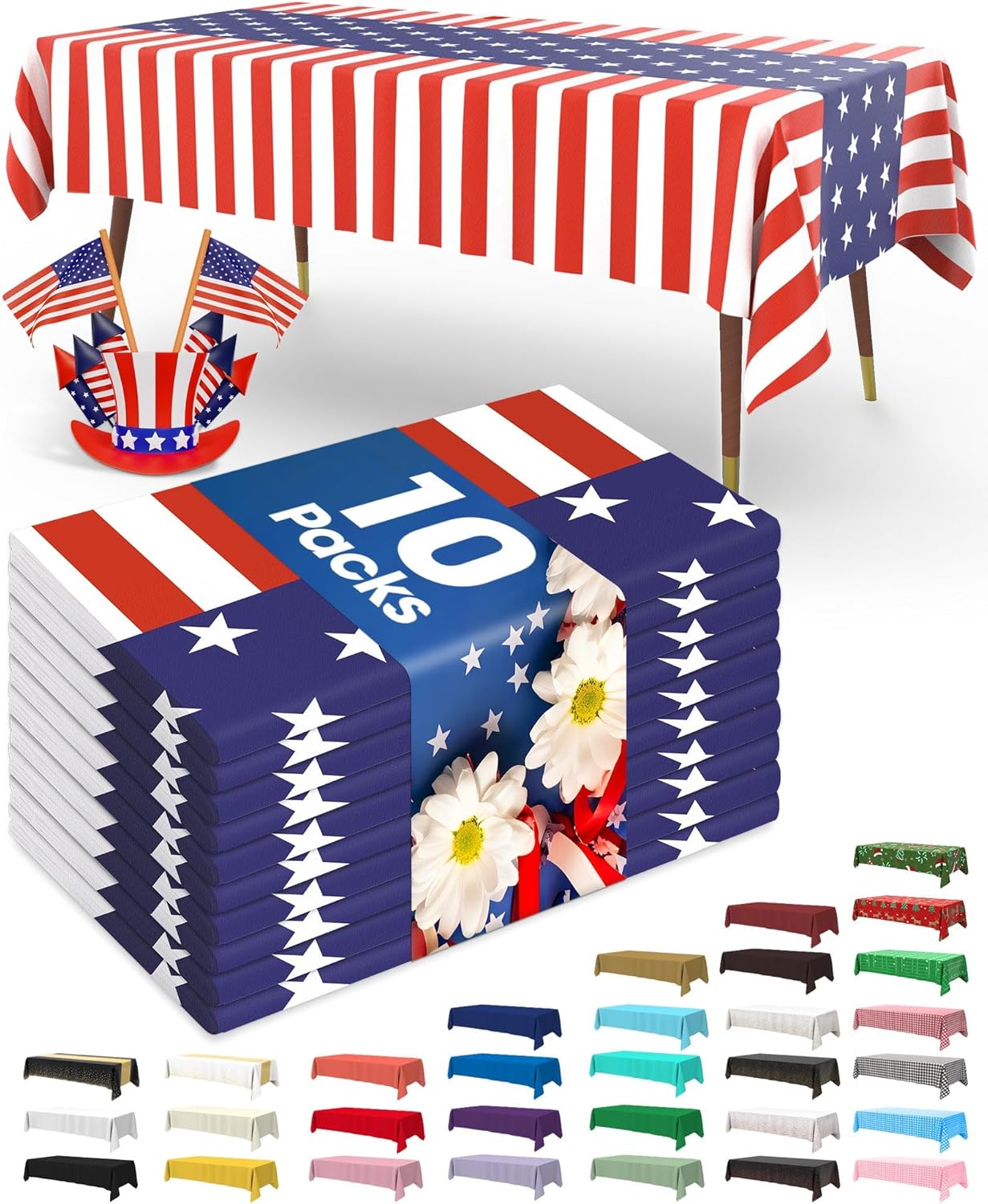 Pureegg Disposable Plastic Tablecloth - 4th of July American Flag Design | 54 x 108 Inch, 10 Pack for BBQs & Picnics