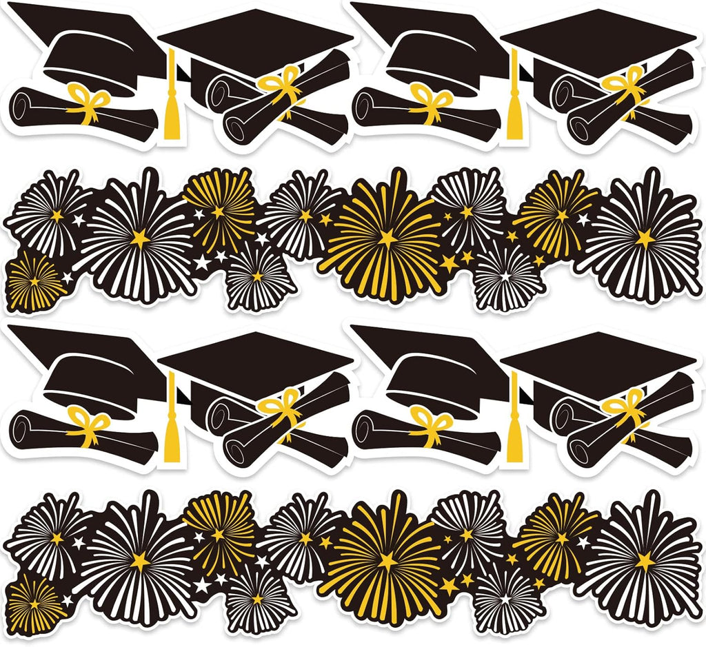 Whaline Graduation Bulletin Board Border - Firework & Cap Design | 69Ft Black, Gold & White Decor
