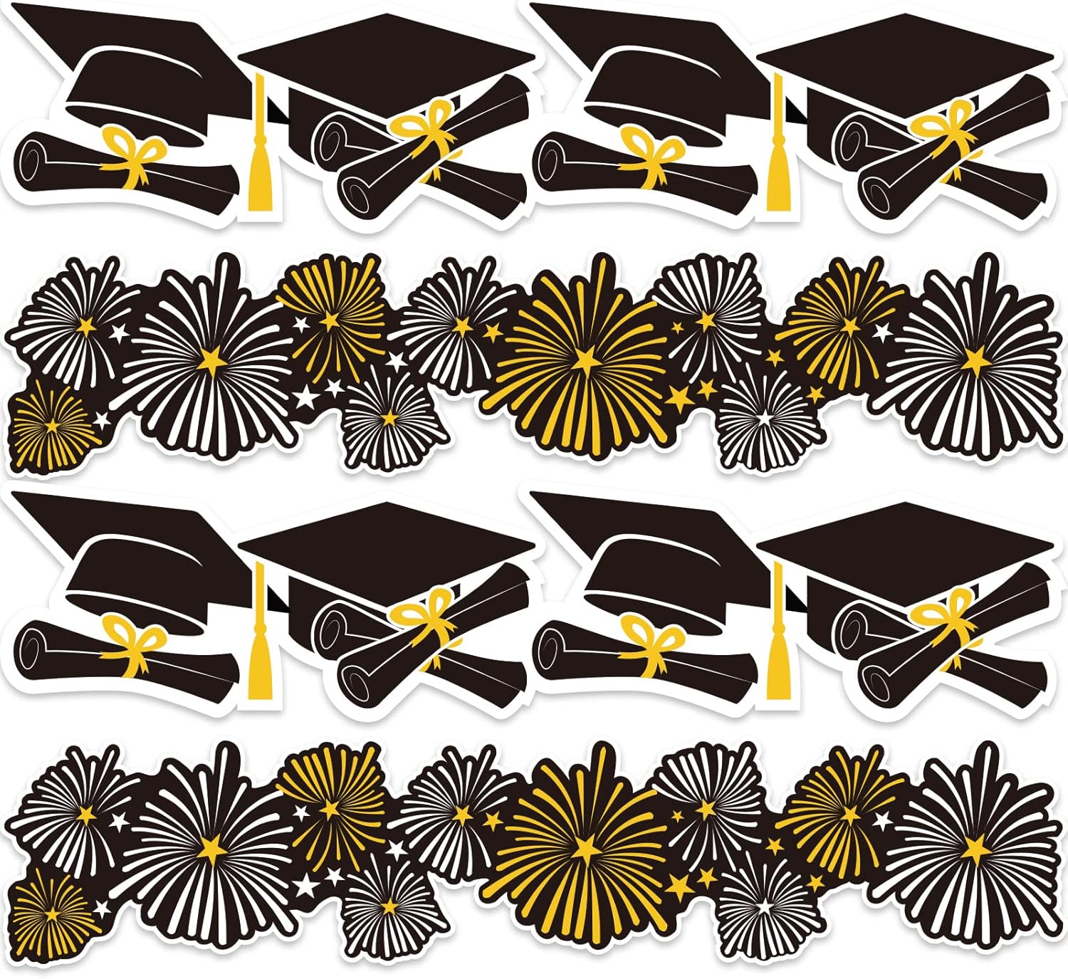 Whaline Graduation Bulletin Board Border - Firework & Cap Design | 69Ft Black, Gold & White Decor