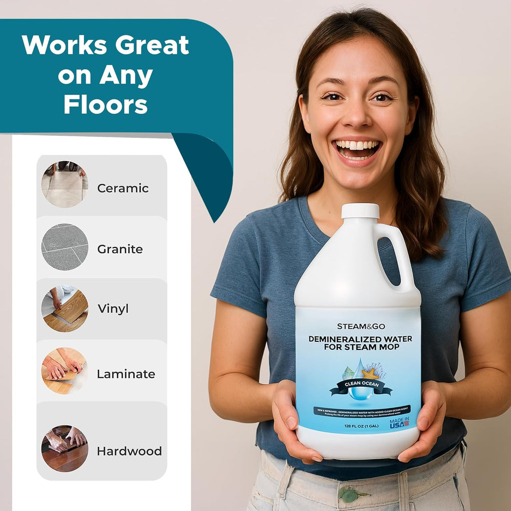 Steam & Go Demineralized Water - Multi-Surface Cleaner for Mops & Steamers - 128 fl oz (1 Gal) - Clean Ocean Scent
