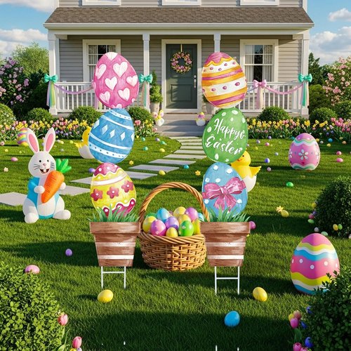 CroBlissful Large Metal Easter Eggs - Rustic Oil Painting Decor for Outdoor Yard Signs | 29 Inch