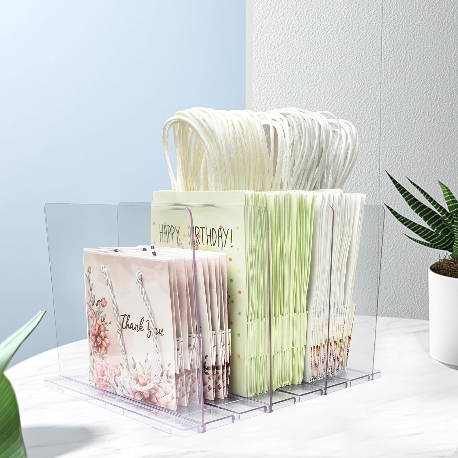 Skiennix Gift Bag Storage Organizer - Clear Acrylic Design with Adjustable Shelf Divider | Perfect for Small Closets