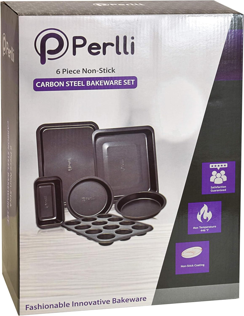 PERLLI Non-Stick Bakeware Set - 6-Piece Carbon Steel for Even Heat Distribution, Oven Safe to 446°F - Gray