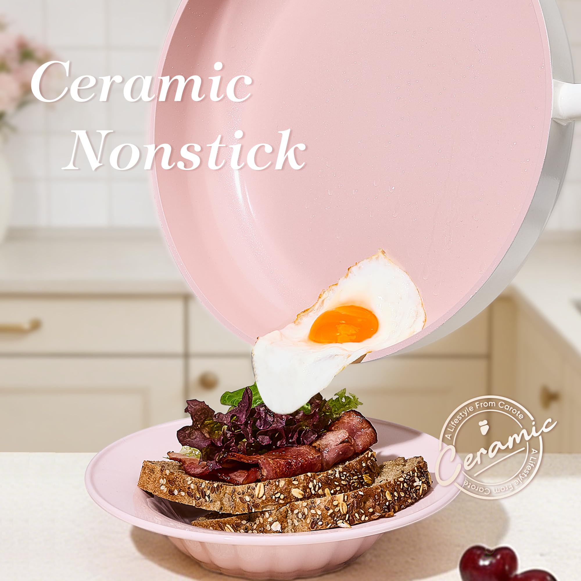 CAROTE Ceramic Frying Pan, 2 Nonstick Skillets & Silicone Spatula, Induction Compatible All Stoves
