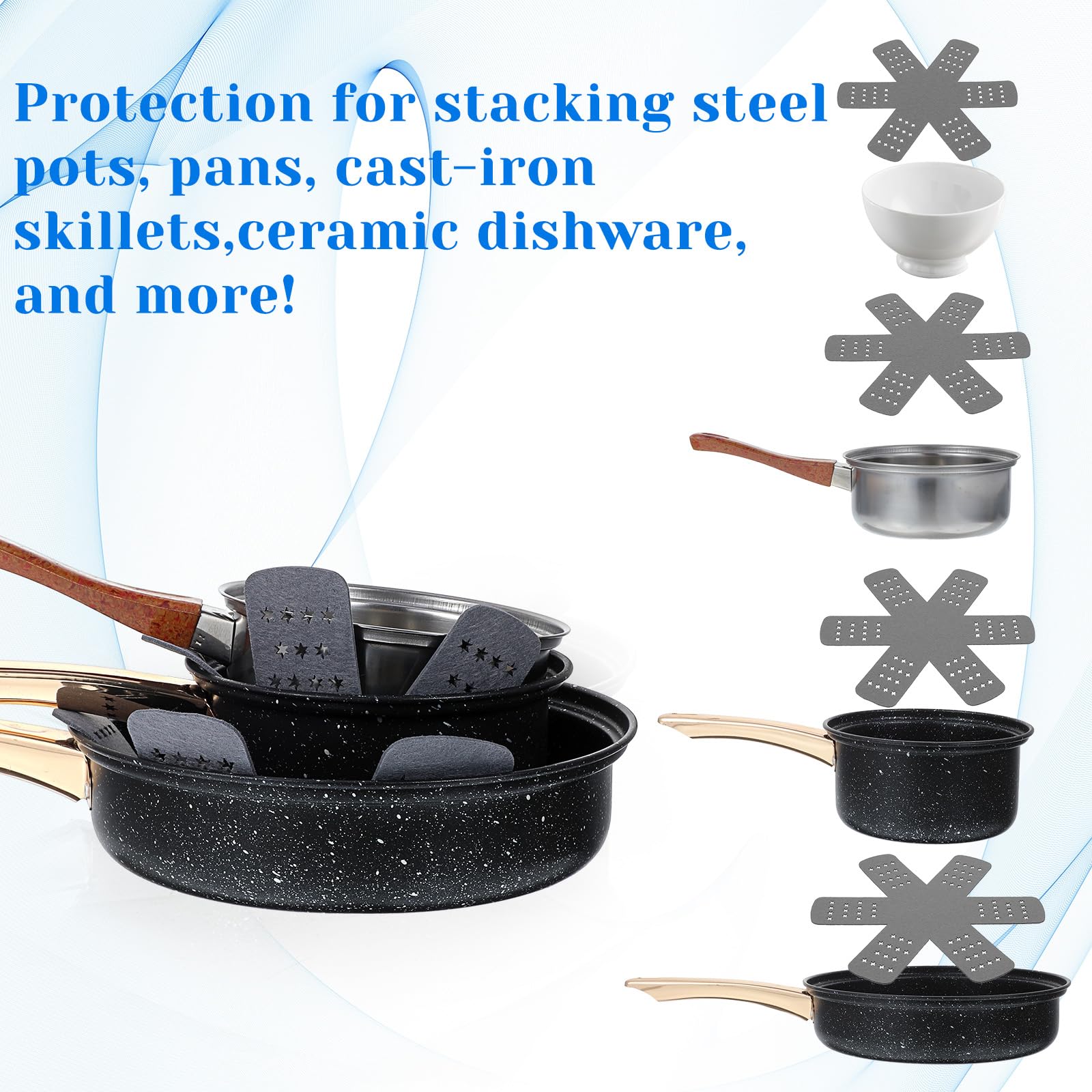 Elegaperma 8pcs Pan Liners for Stacking,Pot and Pan Protectors for Stacking,4 Sizes Pot Protectors Non Stick,Cookware Separators Protector with Stars,Protecting Your Cookware,Gray(6" 8" 10" 12")