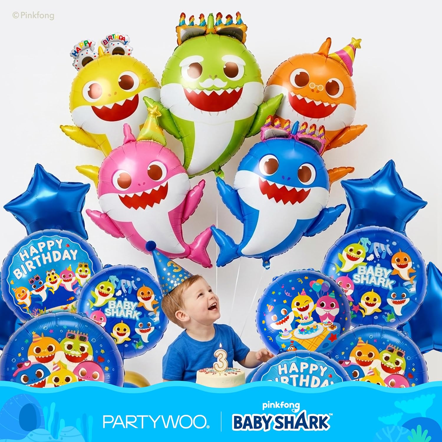 PartyWoo Baby Shark Family Foil Balloons - 5pcs Mylar Helium Birthday Decorations | 36-34-32 Inch Ocean Theme
