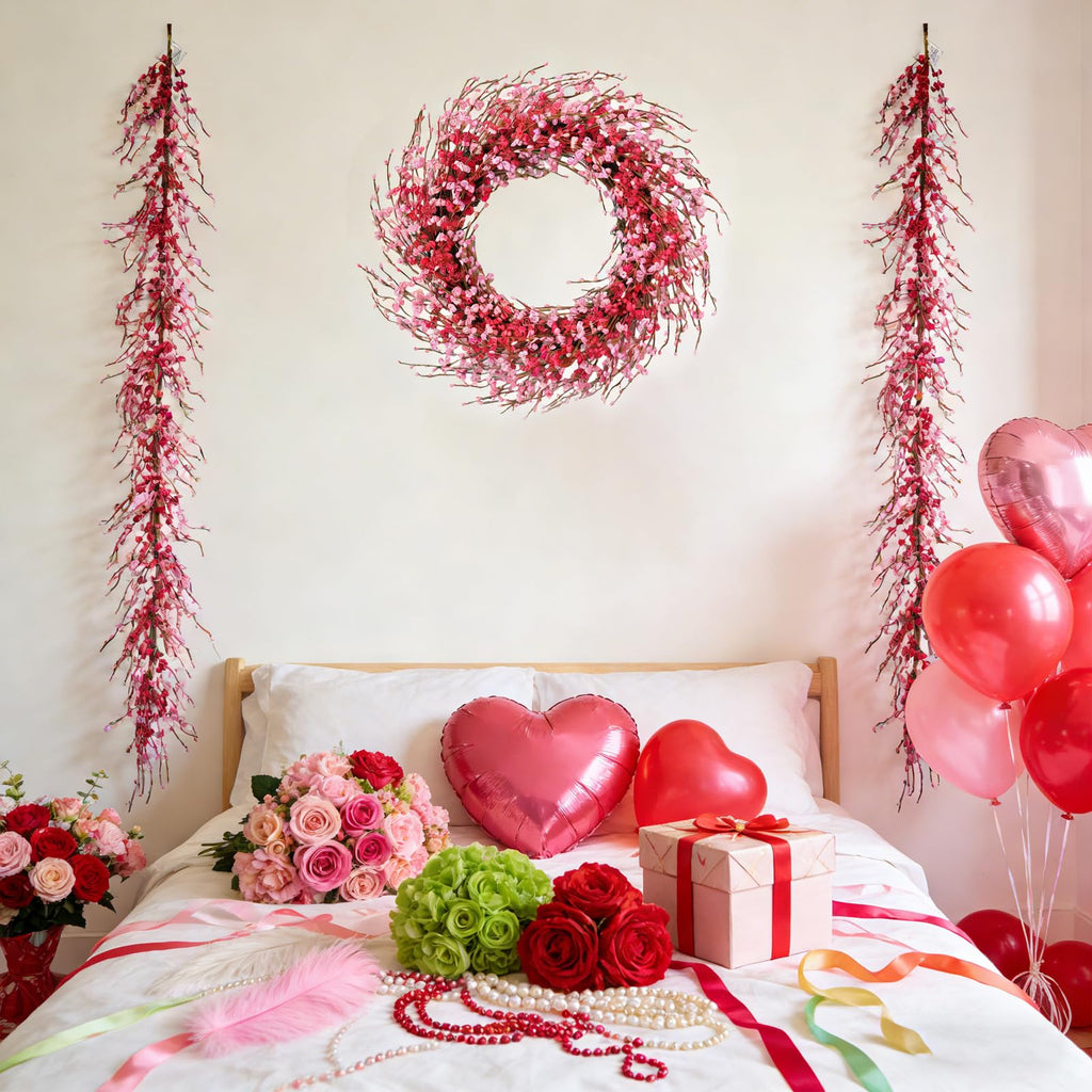 idyllic 6 Ft Valentine's Day Pink & Red Flower Wreath Decorations, Artificial Floral Garland with Bendable Stems for Front Door Mantel Table Bedroom Wedding Decor