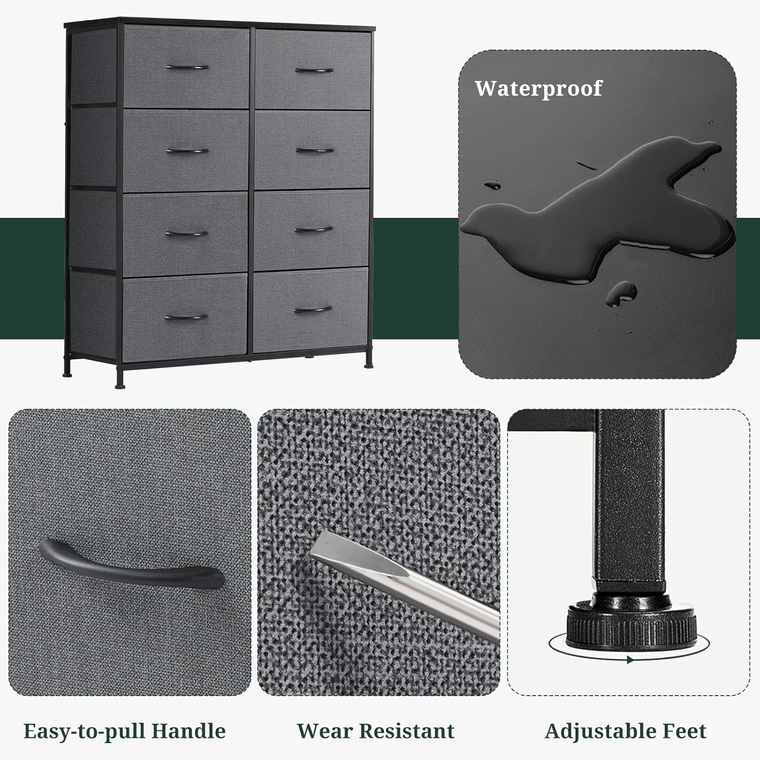 Skiennix 8-Drawer Dresser - Anti-Tip Tall Storage Organizer with Wooden Top & Metal Frame - Gray