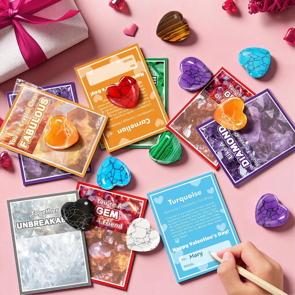 Jumlys Valentines Day Gifts for Kids, 24 Packs Valentines Day Cards with Heart-shaped Gemstone for School, Valentine Day Party Favors for Boys Girls, Ideal Exchange Cards for Classroom