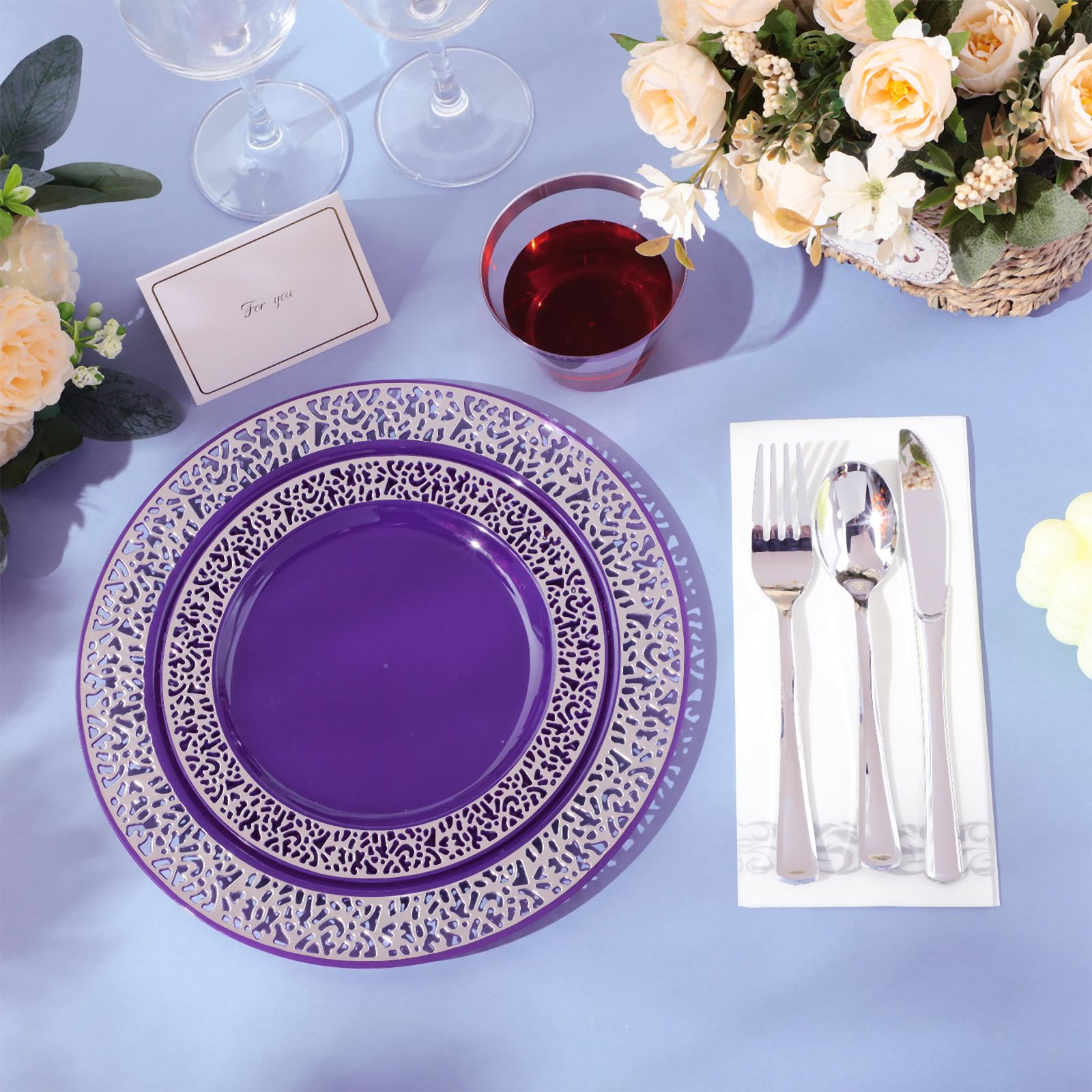 Norme 350 Pcs Purple Silver Plastic Dinnerware Set for 50 Guests Includes 50 Dinner Plates 10.2", 50 Plates 7.5", 150 Silverware Set, 50 Plastic Cups and 50 Napkin Disposable Plate for Wedding