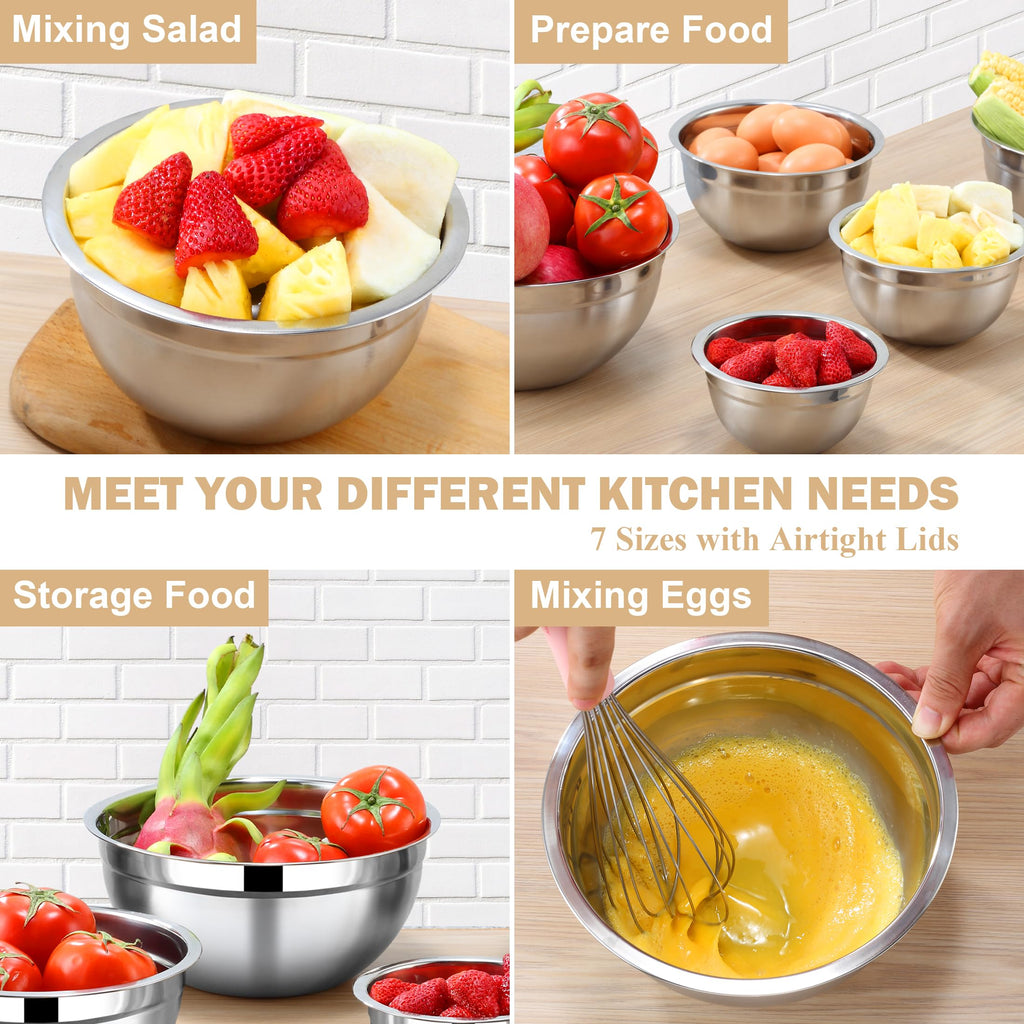 Funnydin 7 Piece Stainless Steel Mixing Bowls with Lids Set - Khaki Nesting Metal Mixing Bowls for Kitchen, Sizes 4.5, 4, 3.5, 2.1, 1.5, 1.1, 0.7 Qt for Baking, Cooking and Serving, Dishwasher Safe