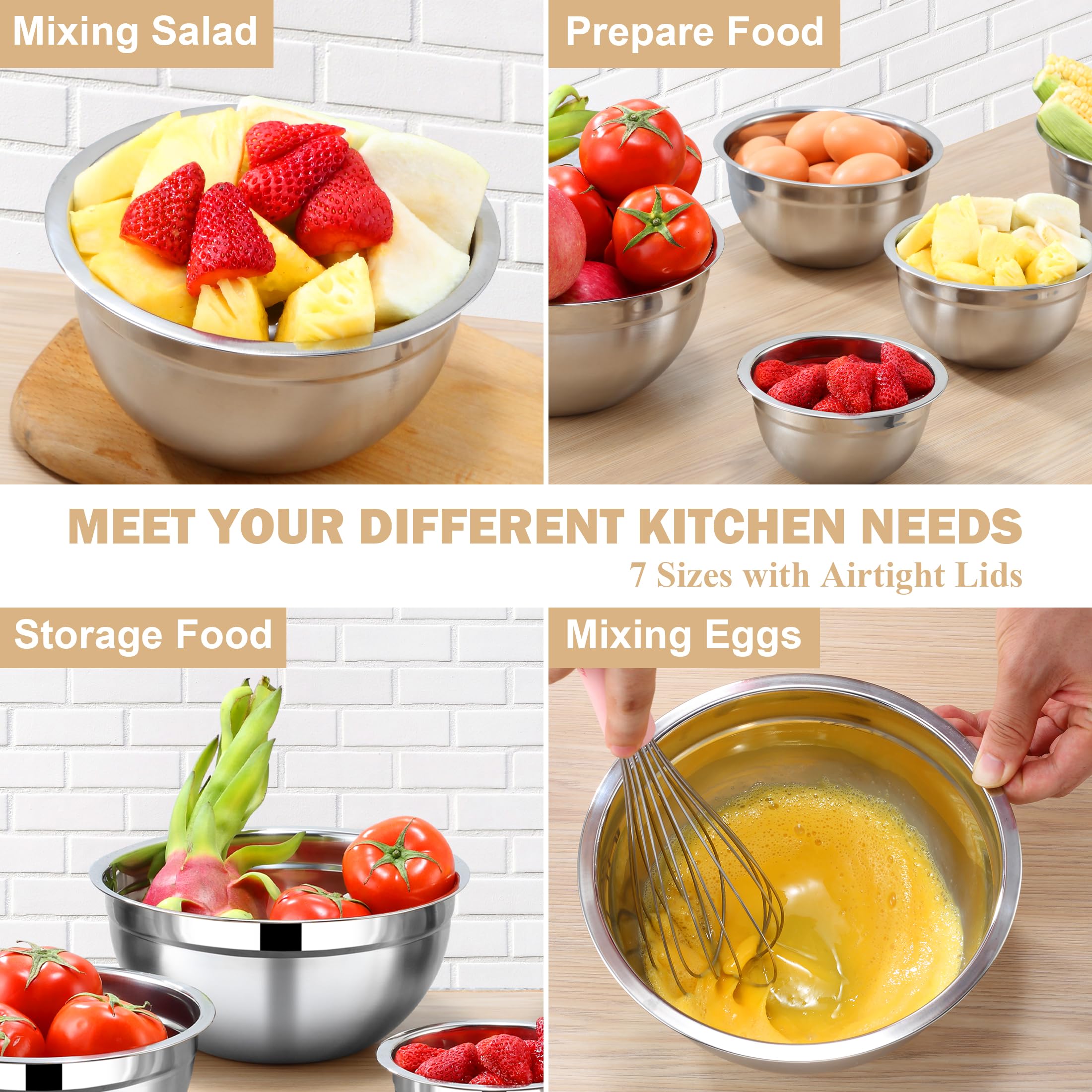 Funnydin 7 Piece Stainless Steel Mixing Bowls with Lids Set - Khaki Nesting Metal Mixing Bowls for Kitchen, Sizes 4.5, 4, 3.5, 2.1, 1.5, 1.1, 0.7 Qt for Baking, Cooking and Serving, Dishwasher Safe