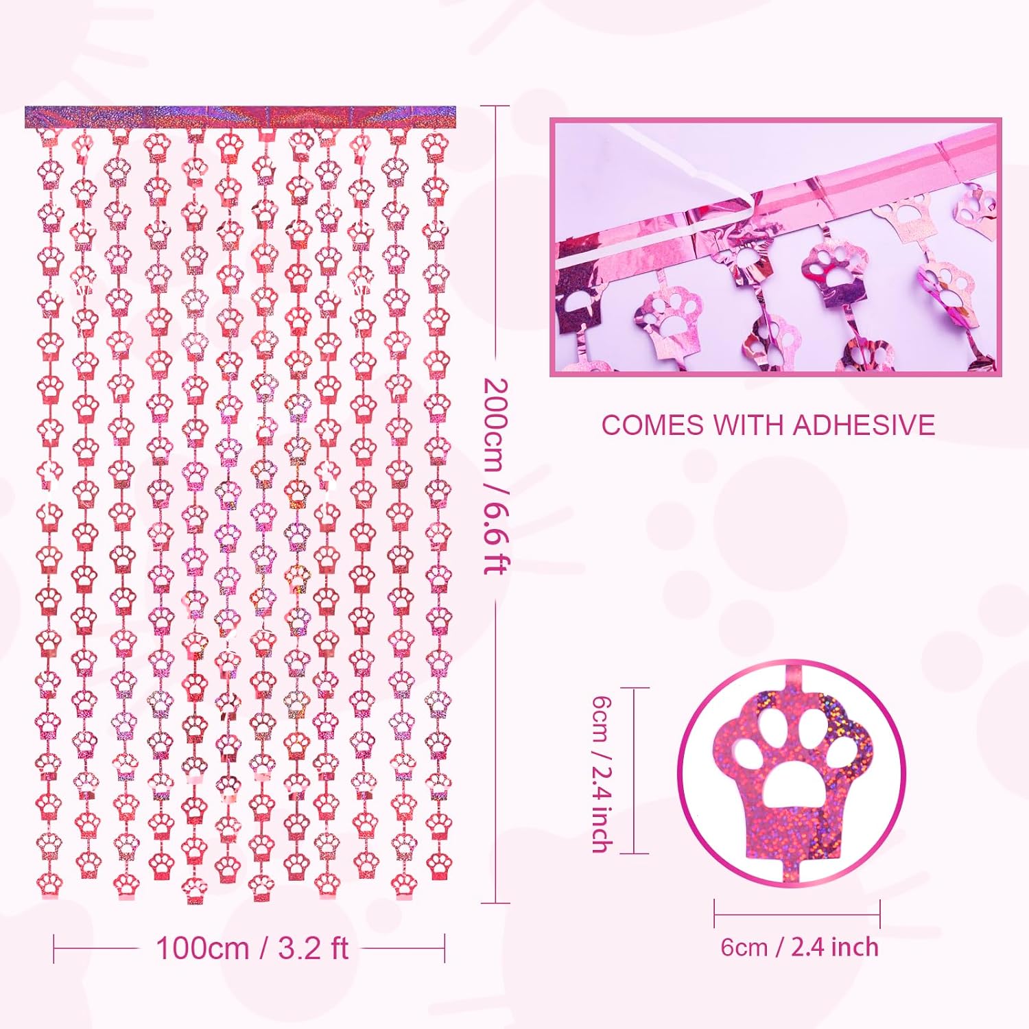 MENSTARSI Cat Birthday Decorations - 2 Pack Pink Cat Paw Party Supplies | 3.3x6.6 Ft Foil Fringe Curtains & Tinsel Backdrop