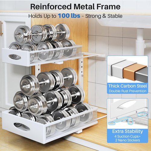 Under Sink Organizer, 2 Pack 2 Tier Pull Out Under Cabinet Organizer Shelf with Pad for Framed Cabinets, Metal Slide Out Under Sink Storage, Mesh Sliding Drawers for Kitchen Bathroom Laundry, White