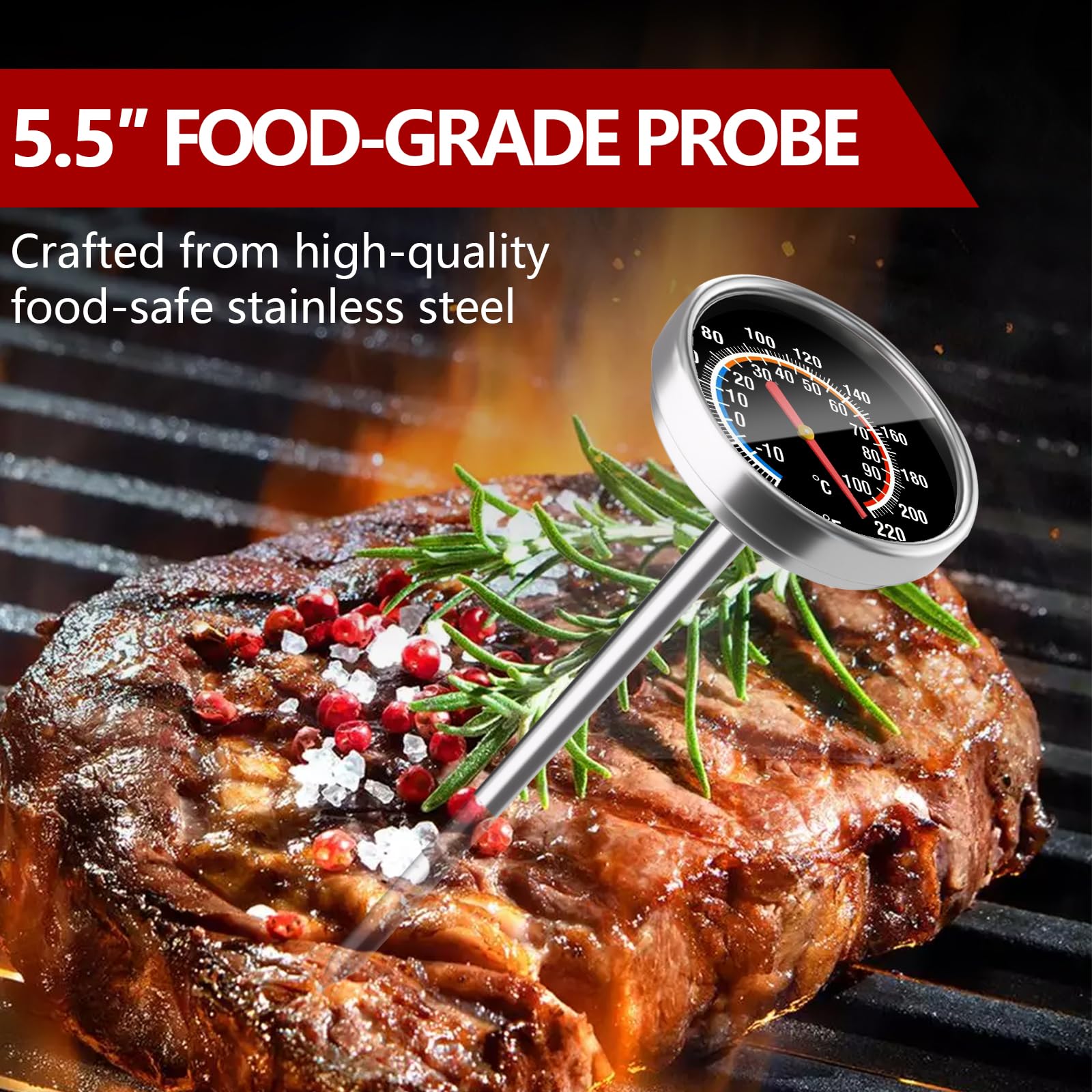 Meat Thermometer - Instant Read Food Thermometer with 5.5-Inch Stainless Steel Probe for Cooking, Steak, Bread, Chicken, Grilling, Milk, Tea & Coffee - 1.5-Inch Dial Kitchen Temperature (1PCS)