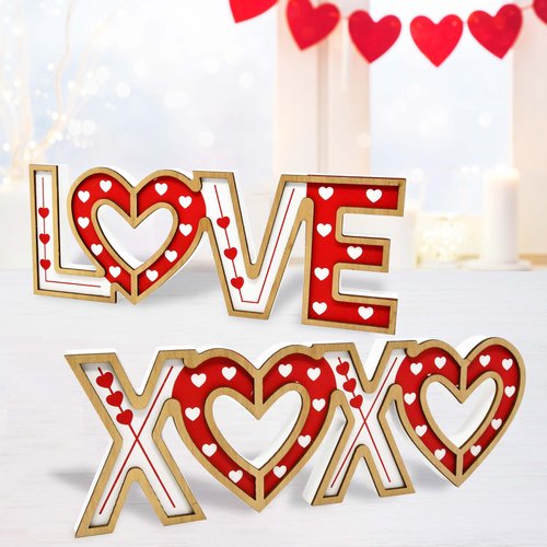 Gift Boutique Valentine's Day Love & Xoxo Signs Set of 2 Red & White Wooden Table Decor Home Mantel Shelf Wedding Anniversary Freestanding Decorations