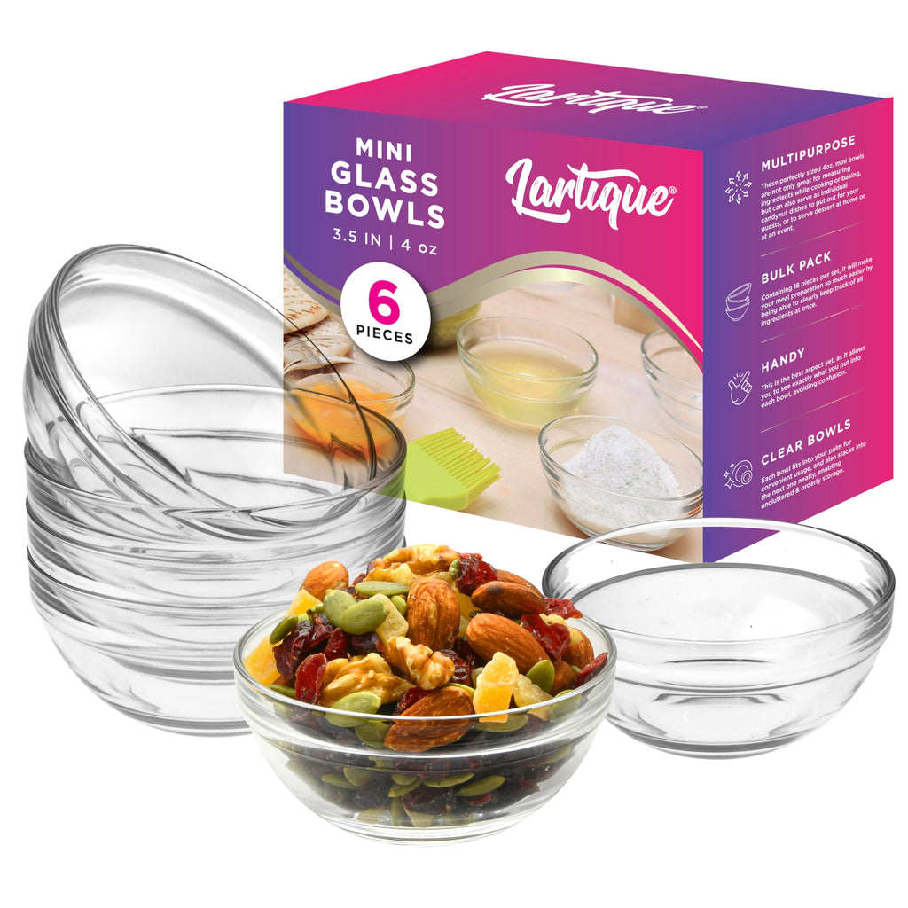 Lartique Mini 3.5 Inch Clear Glass Bowls - Set of 6, Modern Glass, Meal Prep or Dessert Bowls, Microwave & Dishwasher Safe
