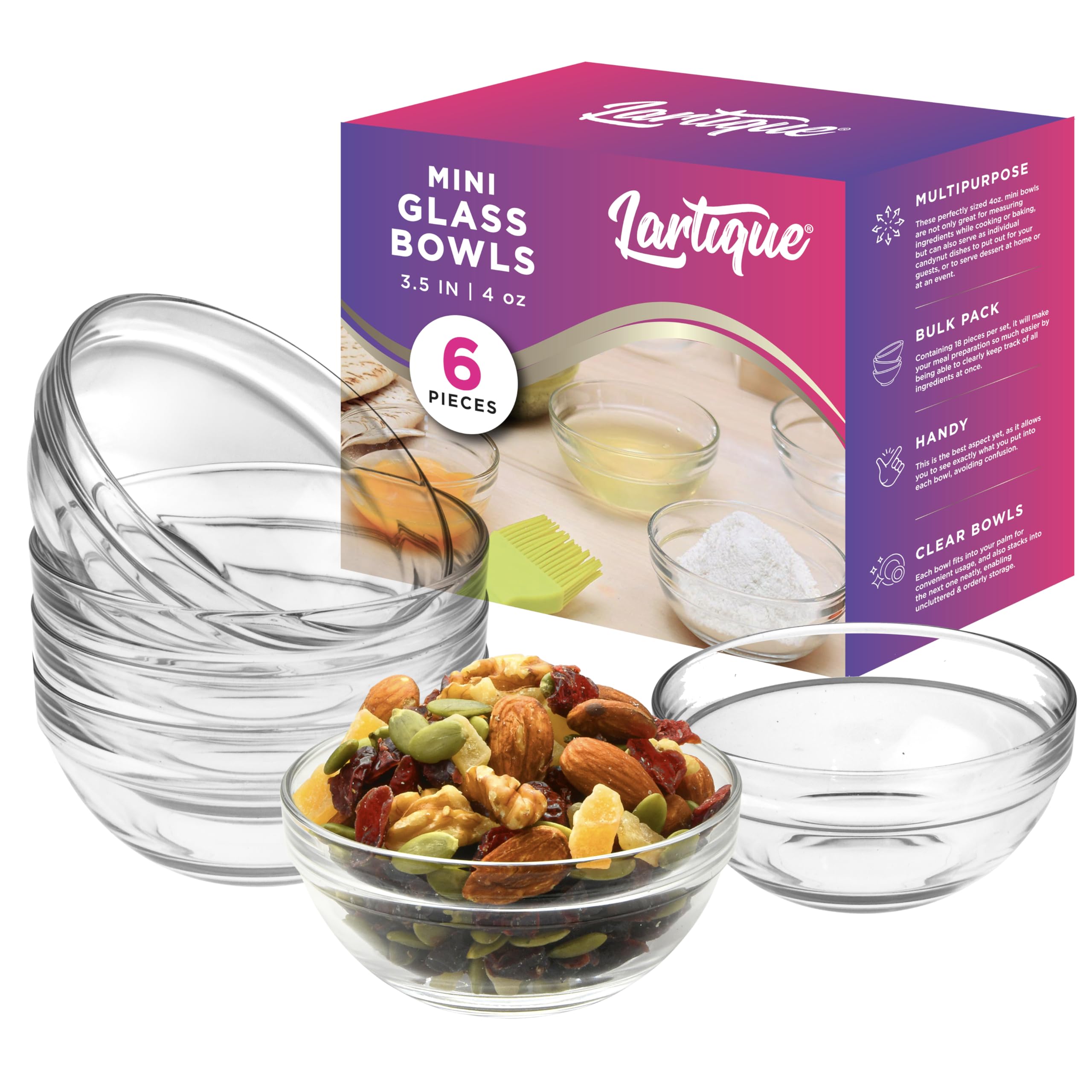 Lartique Mini 3.5 Inch Clear Glass Bowls - Set of 6, Modern Glass, Meal Prep or Dessert Bowls, Microwave & Dishwasher Safe