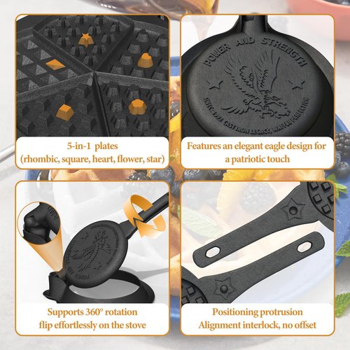 Cast Iron Waffle Maker Stove Top, American Waffle Maker Pre-Seasoned, Round waffle maker, PFOA free, 5-in-1 Shape Designs, Non-Coated Surface, Waffle iron for Camping Grill or Stove Top.