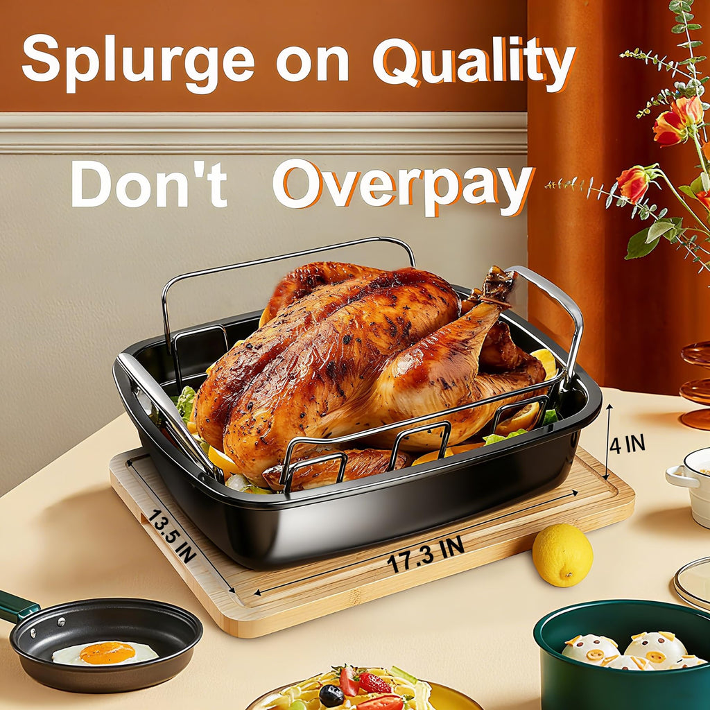 Large Nonstick Roasting Pan with Rack (17x13 Inch) -Turkey Roasting Pan with Wider Handles, Heavy Duty Construction Roaster - Easy Clean for Oven
