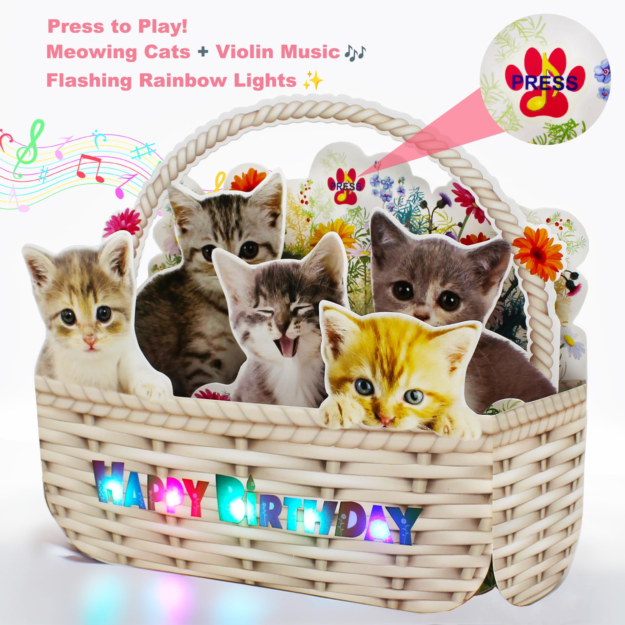 Miss Girlie Girl Musical Cat Birthday Pop-Up Card with LED Lights – 2 Happy Birthday Songs Meows & Violin – Cute Kittens in Flower Basket – Light Up 3D Greeting Card for Cat Lovers, Kids, Women, Friends