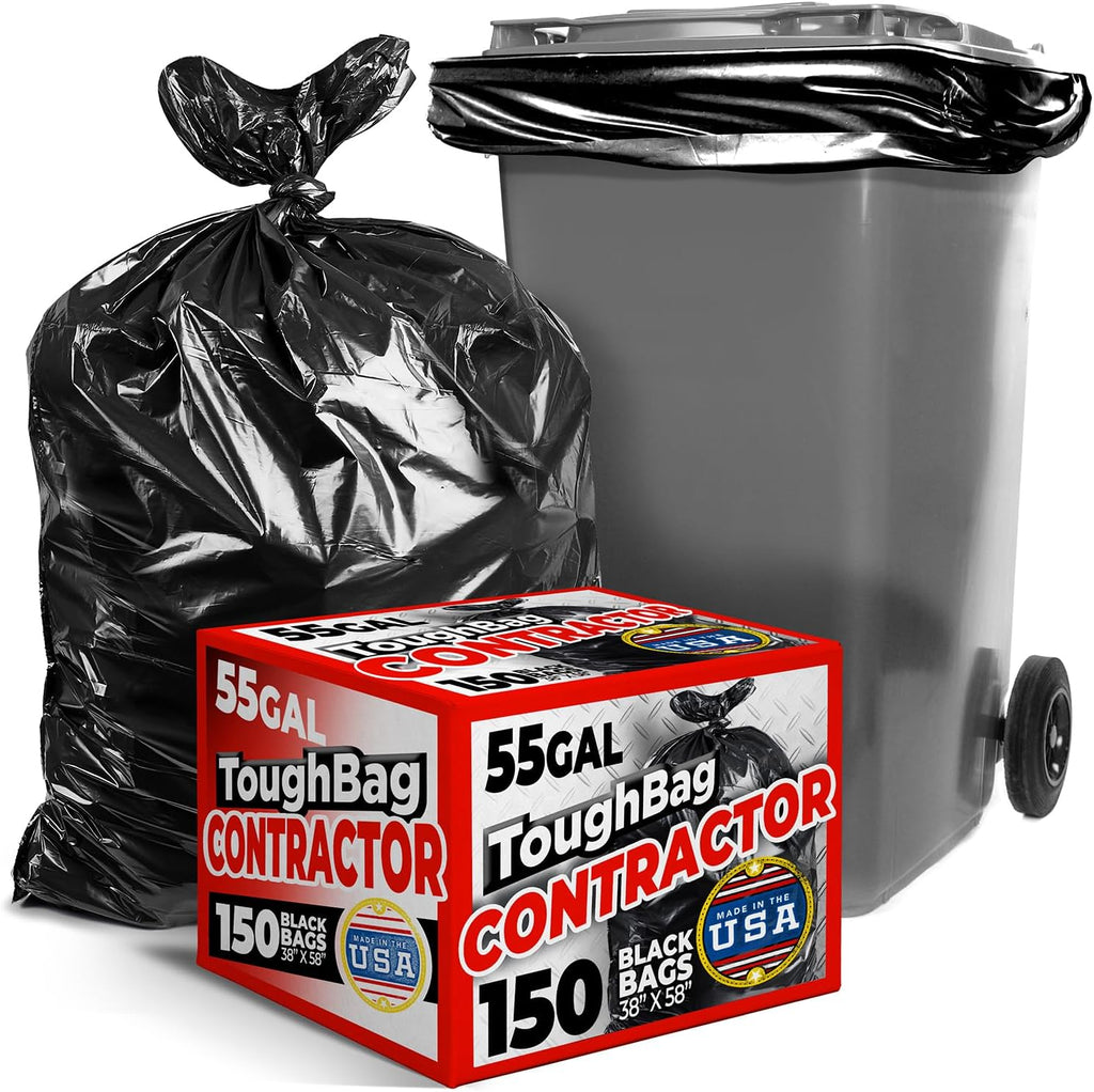 ToughBag Heavy Duty Trash Bags - 55-60 Gallon, 150 Count Large Black Garbage Bags | Made in USA