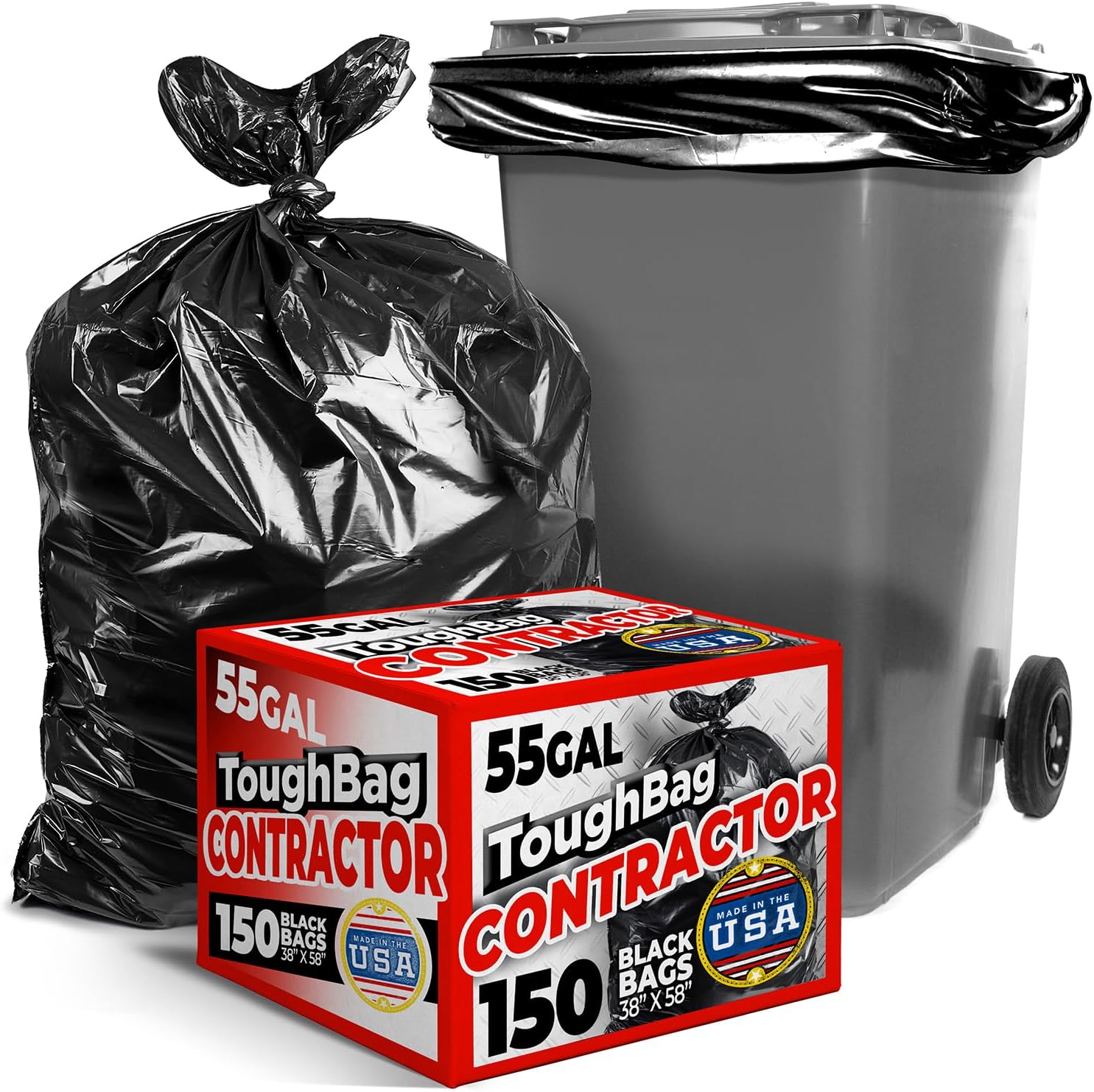 ToughBag Heavy Duty Trash Bags - 55-60 Gallon, 150 Count Large Black Garbage Bags | Made in USA