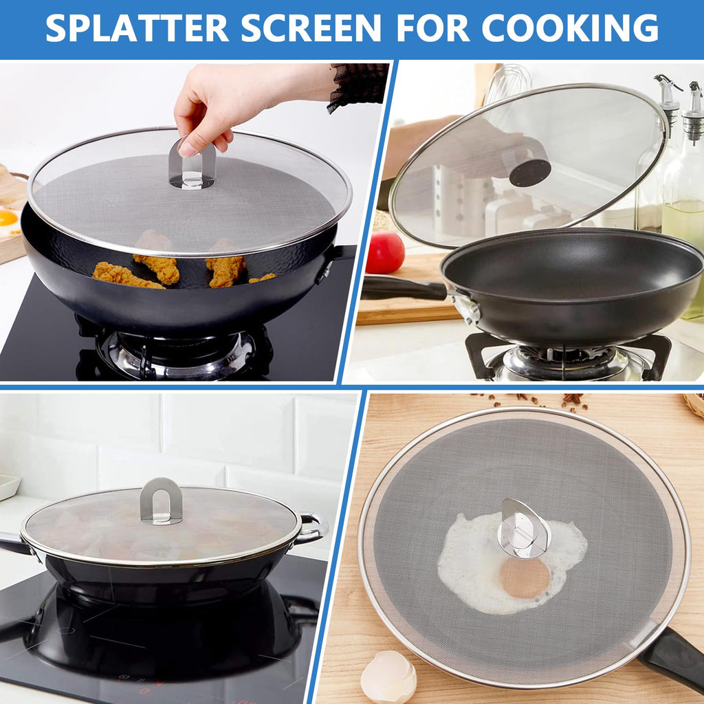 Splatter Screen for Kitchen, Stainless Steel Fine Mesh Splatter Screen for Frying Pan, 10, 13 Inch Grease Splatter Guard with Fold Flat Knob