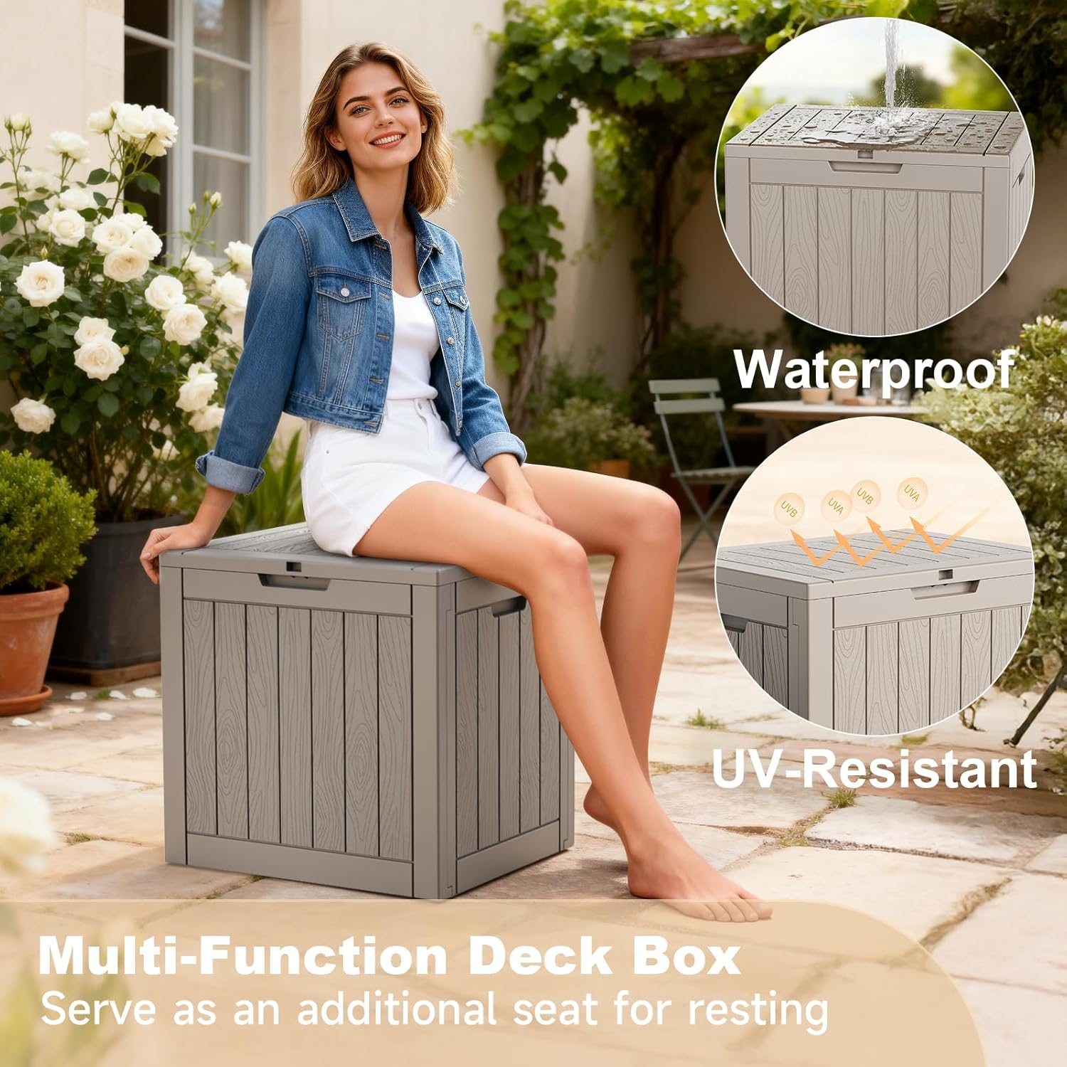 Regine Switzerland 30 Gallon Outdoor Deck Box - Lockable Waterproof Storage for Garden Tools & Cushions | Grey