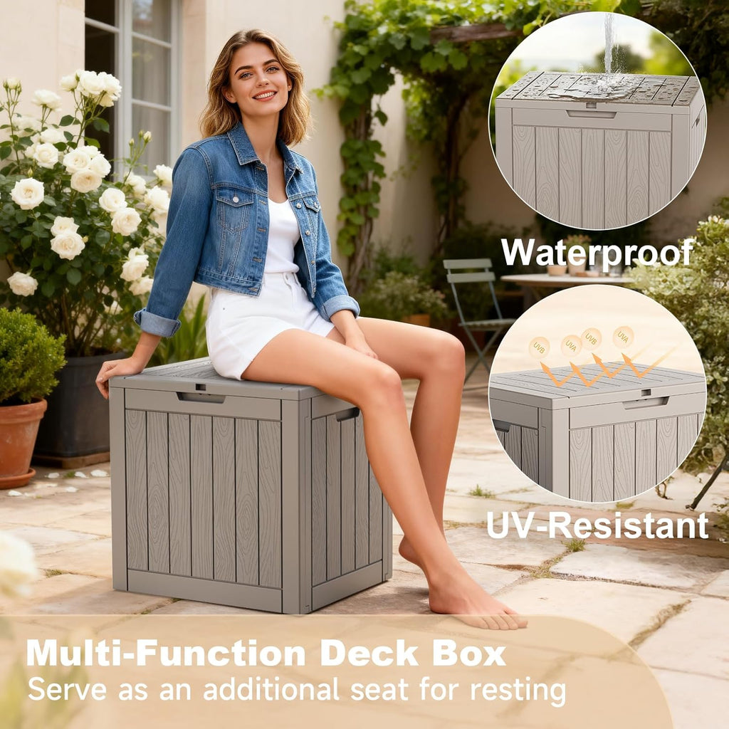 Skiennix 30 Gallon Outdoor Deck Box - Lockable Waterproof Storage for Garden Tools & Cushions | Grey