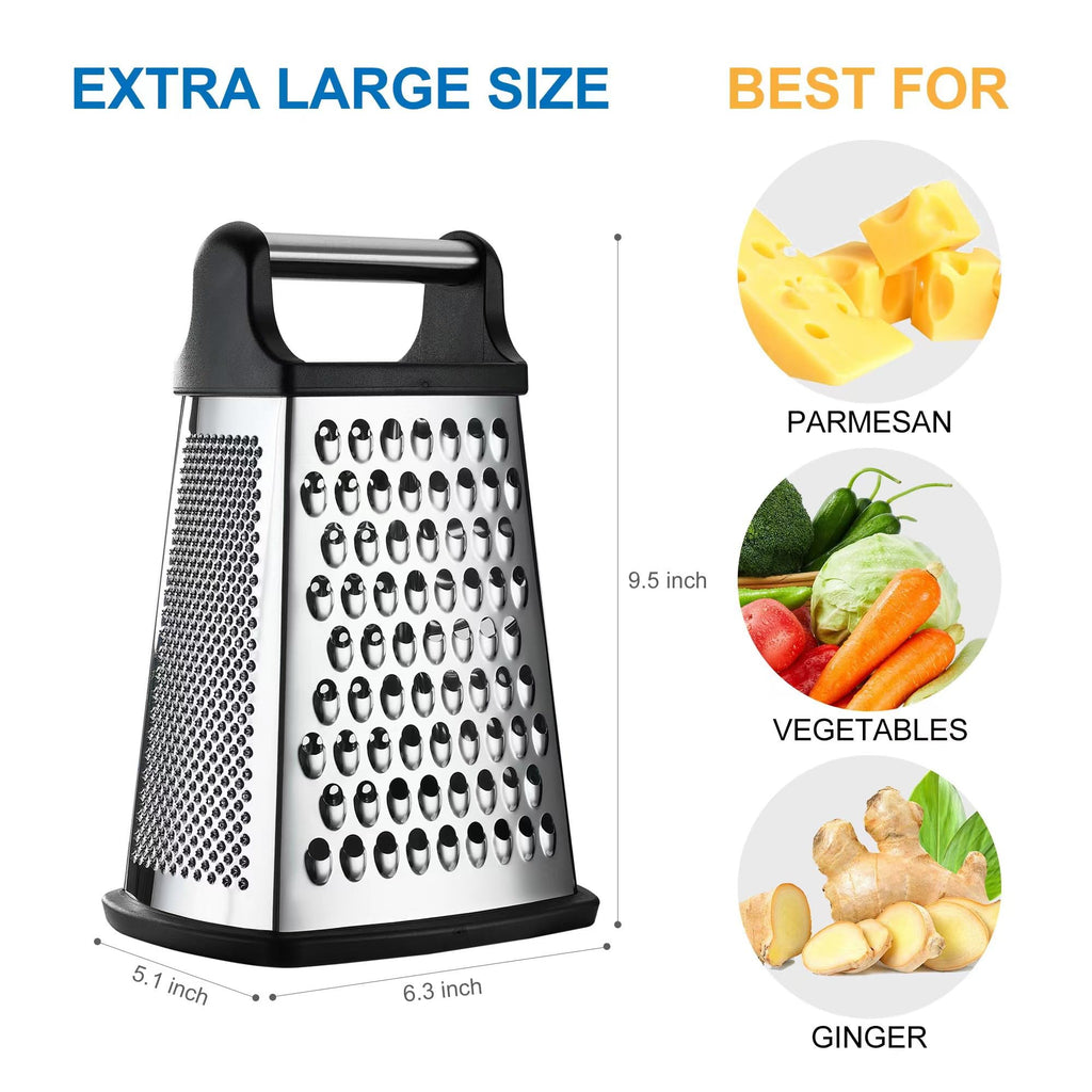 OIM Omiiomio Professional Cheese Grater - Stainless Steel, XL Size, 4 Sides - Perfect Box Grater for Parmesan Cheese, Vegetables, Ginger - Dishwasher Safe - Black