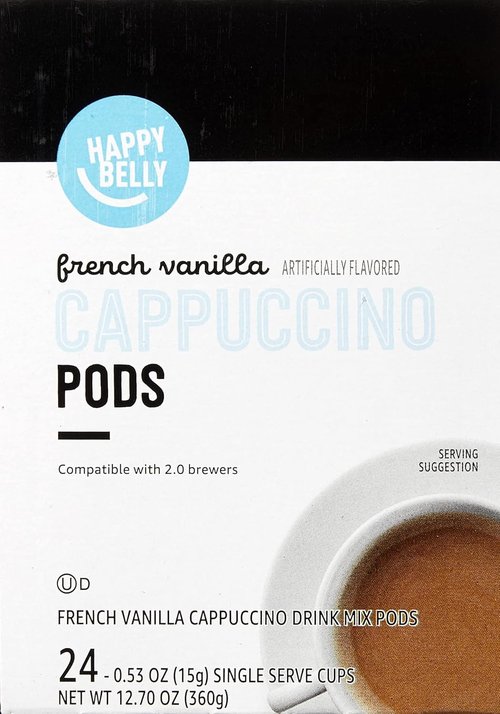 Happy Belly Cappuccino Coffee Pods - Light Roast French Vanilla Flavor | Compatible with 2.0 K-Cup Brewers, 24 Count