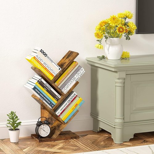 Hoctieon 4 Tier Tree Bookshelf, 4 Shelf Bookcase, Modern Book Storage, Free Standing Tree Bookcase, Utility Organizer Shelves for Home Office, Living Room, Bedroom, Rustic Brown