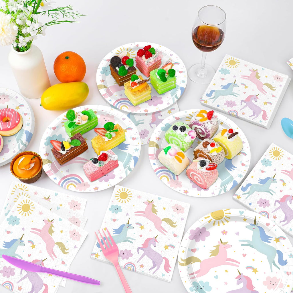 168PCS Unicorn Party Supplies Pastel Rainbow Unicorn Birthday Decorations Kit Sun Cloud Paper Plates Napkin Cups Forks Knives Favors for 24 Guests